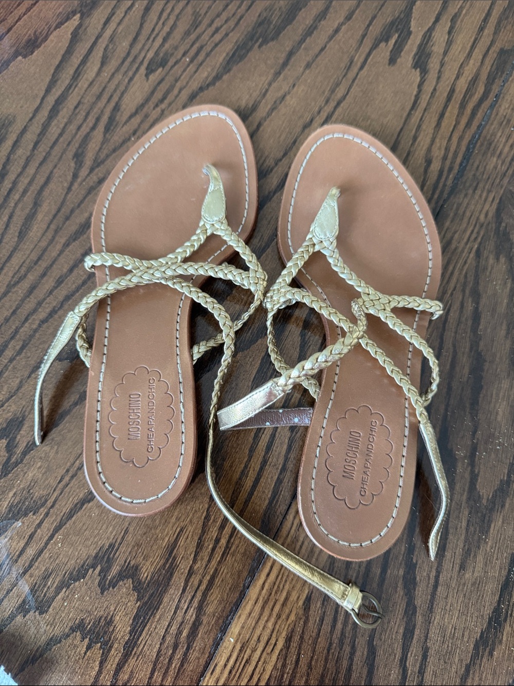 Moschino Metallic Gold Braided Strap Sandals - Tan Footbed